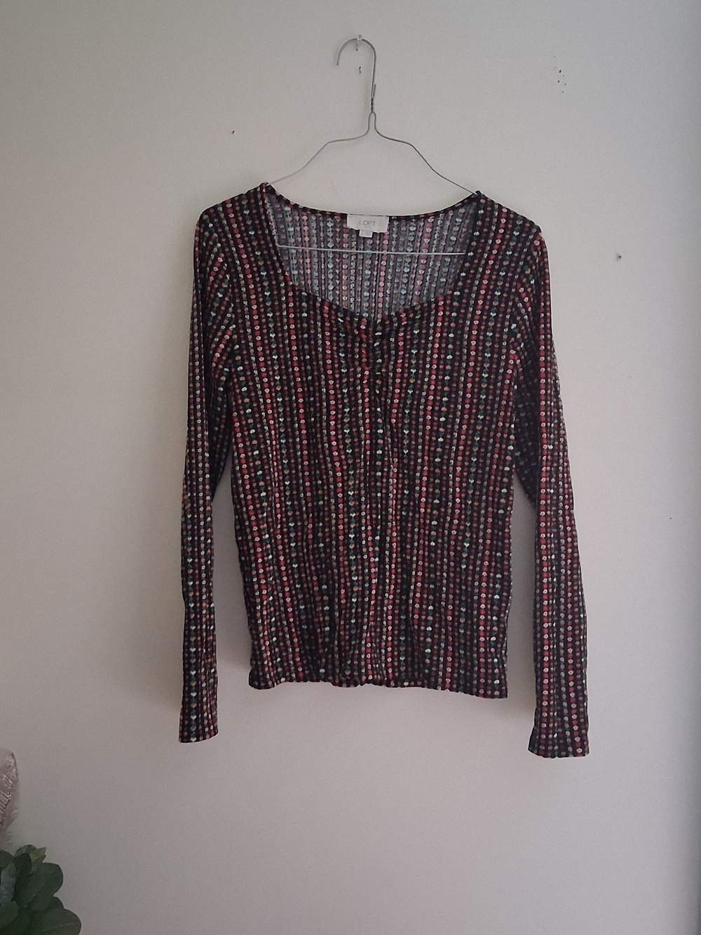LOFT Black Long Sleeve Scoop Neck Top with Vertical Multicolor Dots